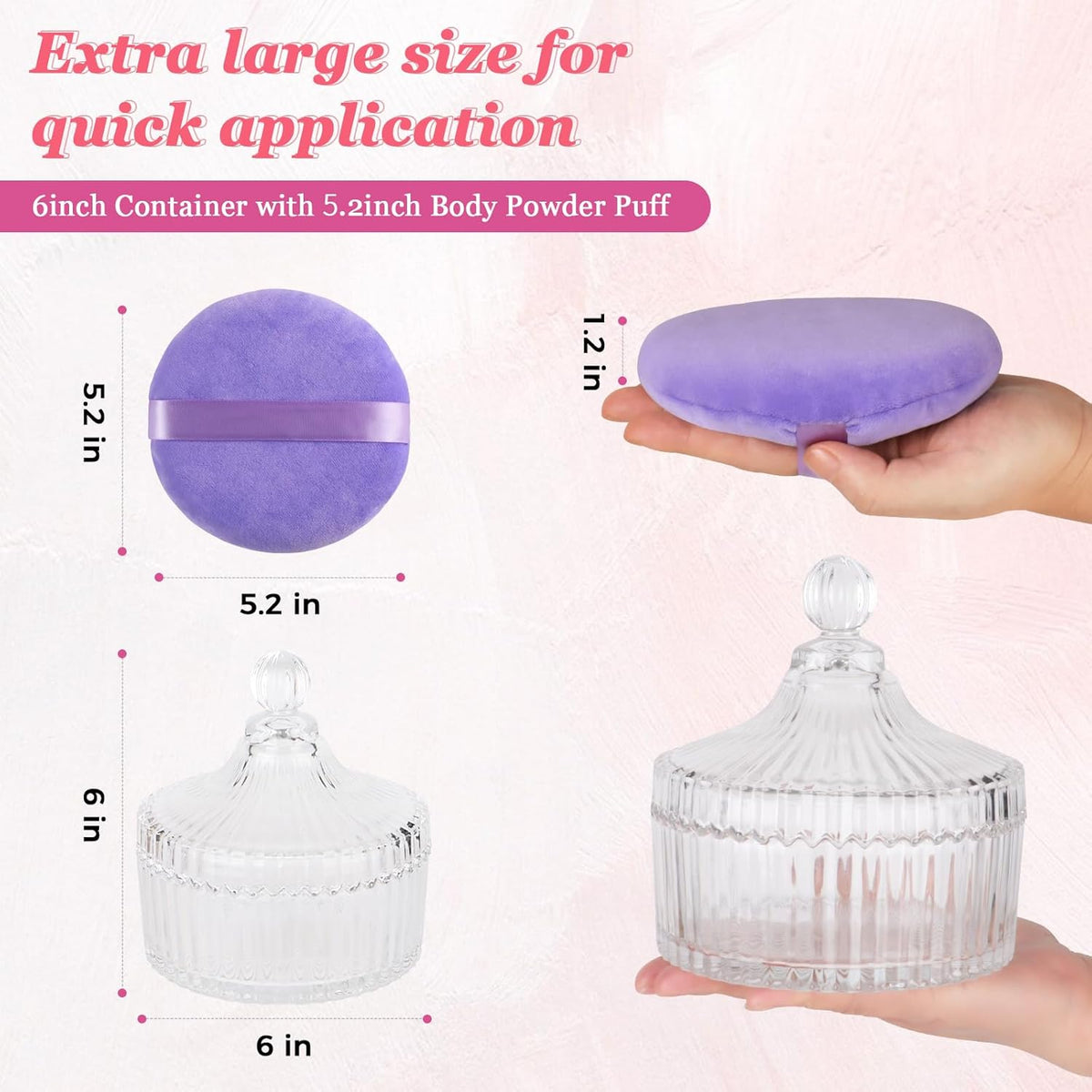 2Pcs Extra Large Body Powder Puff & Luxury 6" Glass Jar Dusting Powder Container with Puff for Women Bath Powder Puffs Perfect for Talcum or Loose Powder (Light Purple)