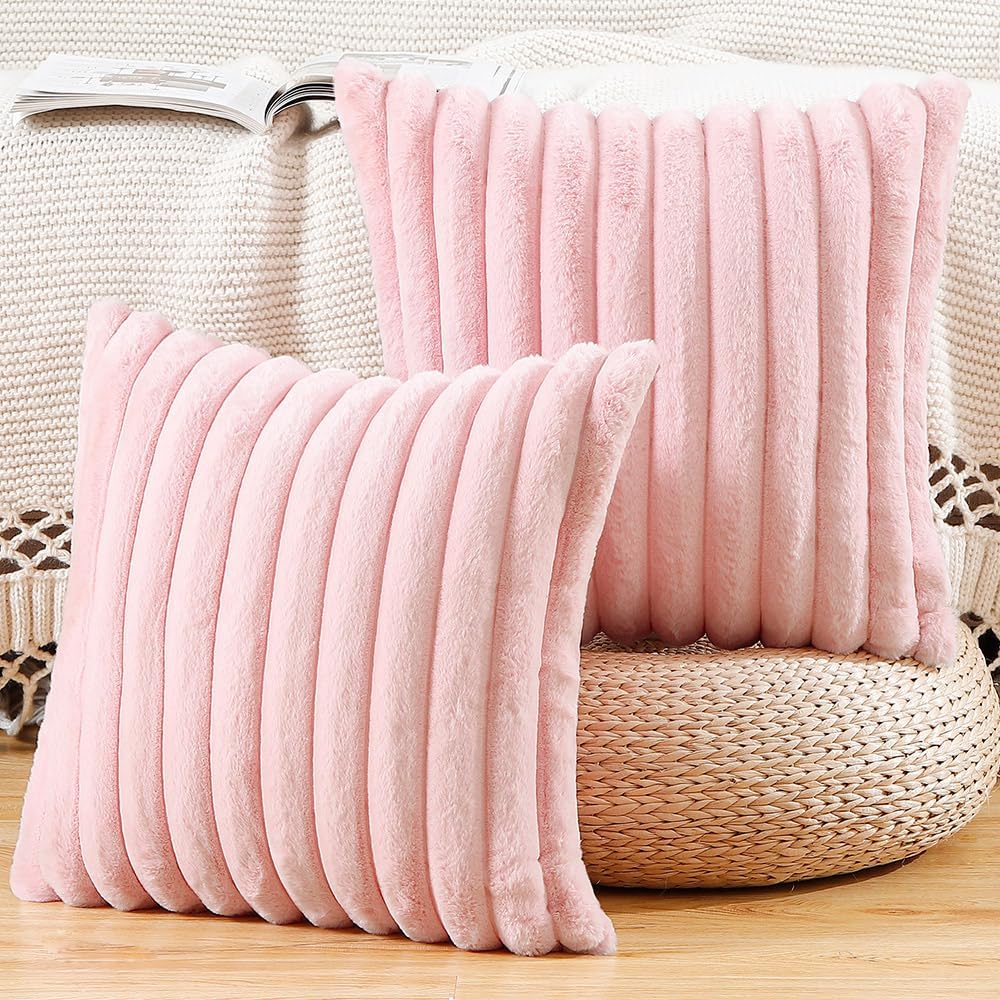 MADIZZ Set of 2 Faux Wool Plush Decorative Throw Pillow Covers 20x20 Inch Pink Fluffy Striped Soft Decorative Cushion Cover for Sofa Bedroom Pillow Shell