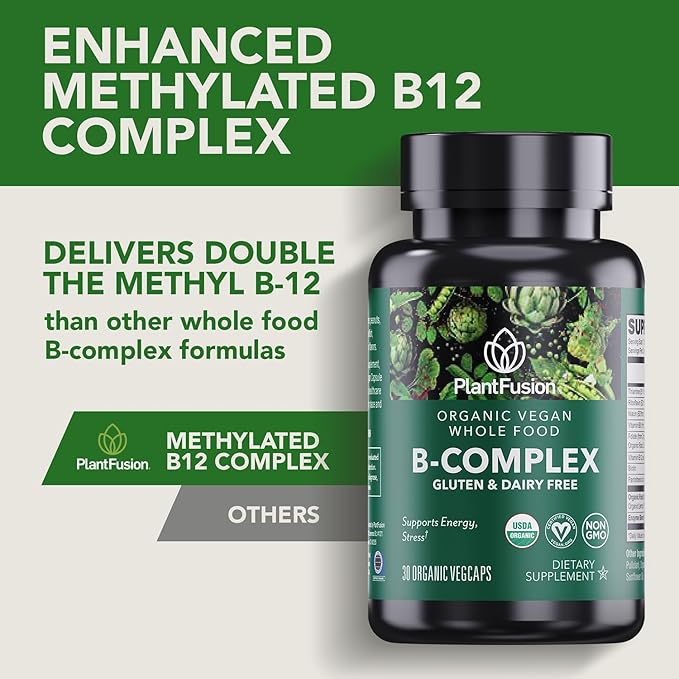 PlantFusion Organic Vitamin B-Complex, Vegan Whole Food Supplement for Energy & Metabolism, Methylated B12, Guava, Lemon & Basil, Non-GMO, Gluten-Free - 30 Capsules
