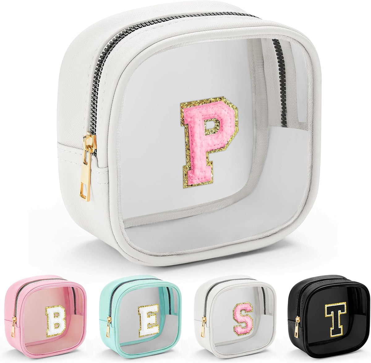 YOOLIFE Initial Make Up Bag Travel Toiletry Bag, Clear Makeup Bag Preppy Cosmetic Bags Organizer Travel Essentials Gifts for Women Teen Girlfriend Teacher Mom Birthday Mothers Day Gifts White P