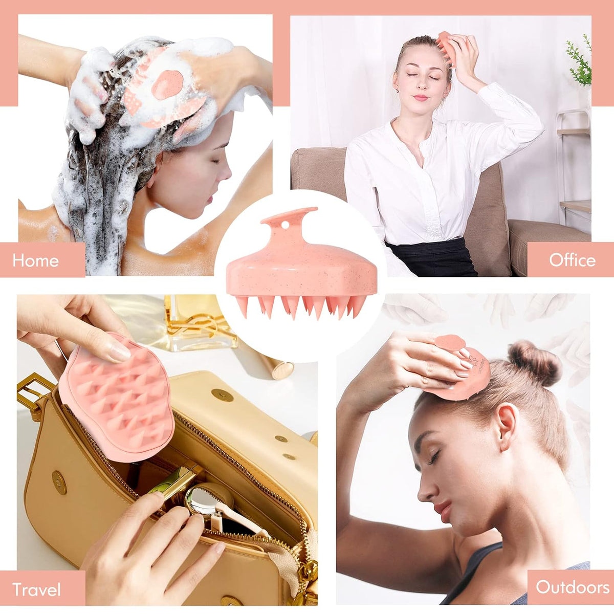 URTHEONE Scalp Massager Shampoo Brush, Hair Scalp Scrubber Head Massager with Soft Silicone Bristles for Women Men Kids Pets Shower and Hair Growth(Pink) Includes 5 Pcs Hair Ties
