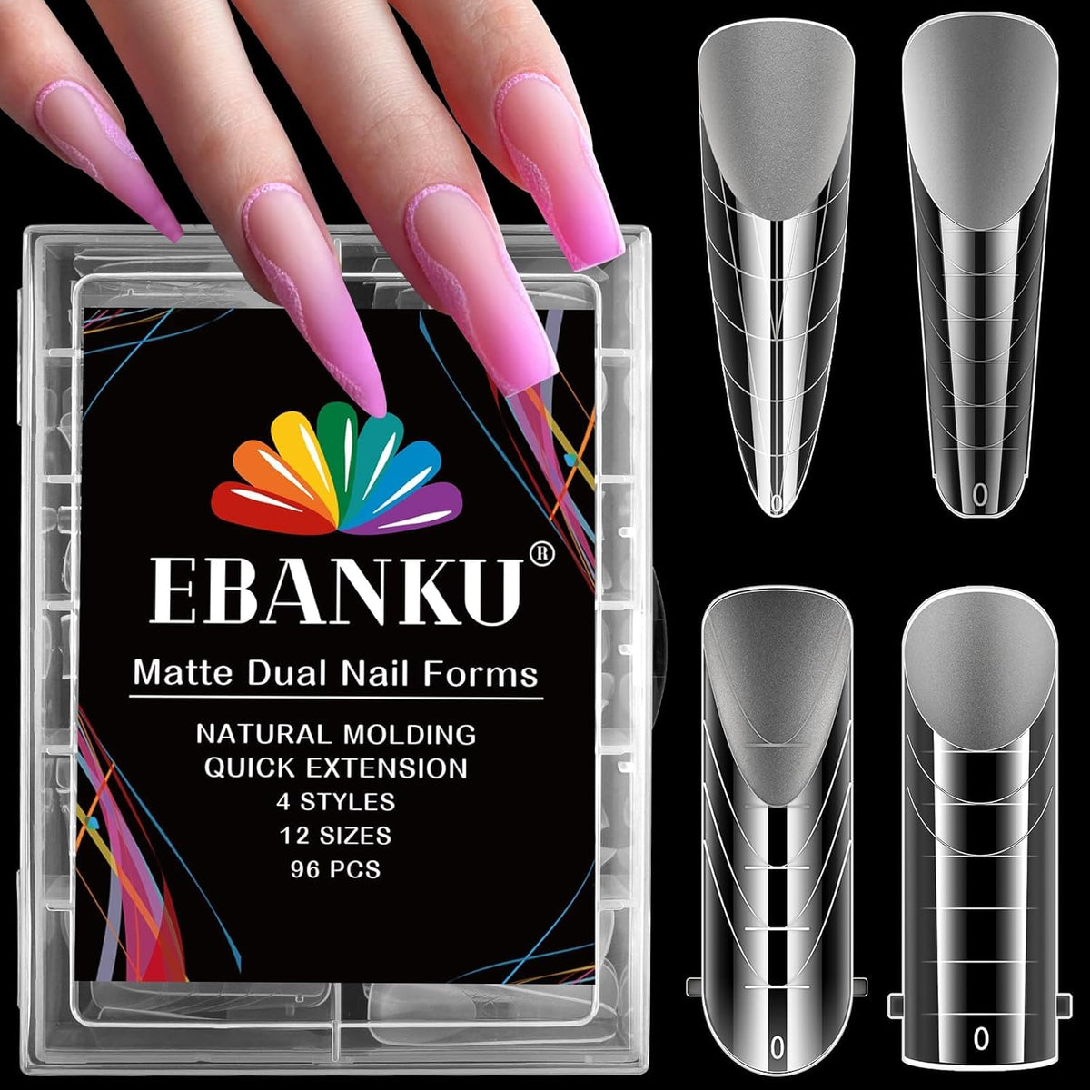 EBANKU 96PCS Clear Matte Dual Nail Forms Kit Full Cover Nail Mold Tips Acrylic Nail Extension Tools 4 Styles 12 Sizes Scale for Poly Gel Nail Art Salon Nails Design
