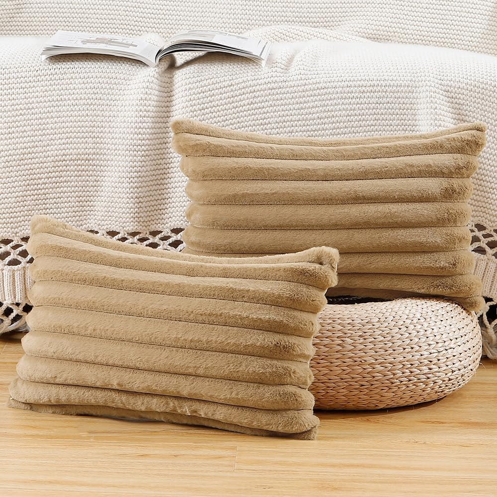 MADIZZ Set of 2 Faux Wool Plush Decorative Throw Pillow Covers 12x20 Inch Camel Fluffy Striped Soft Decorative Cushion Cover for Sofa Bedroom Pillow Shell