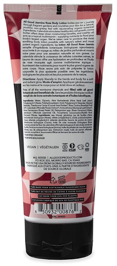 All Good Hand & Body Lotion - Moisturizing Organic Lotion for Dry Skin - Jasmine Oil, Cocoa Butter, Rosehip Oil, Arnica, Vitamin E - Non-Greasy Body Butter, 6 fl oz (Jasmine Rose)