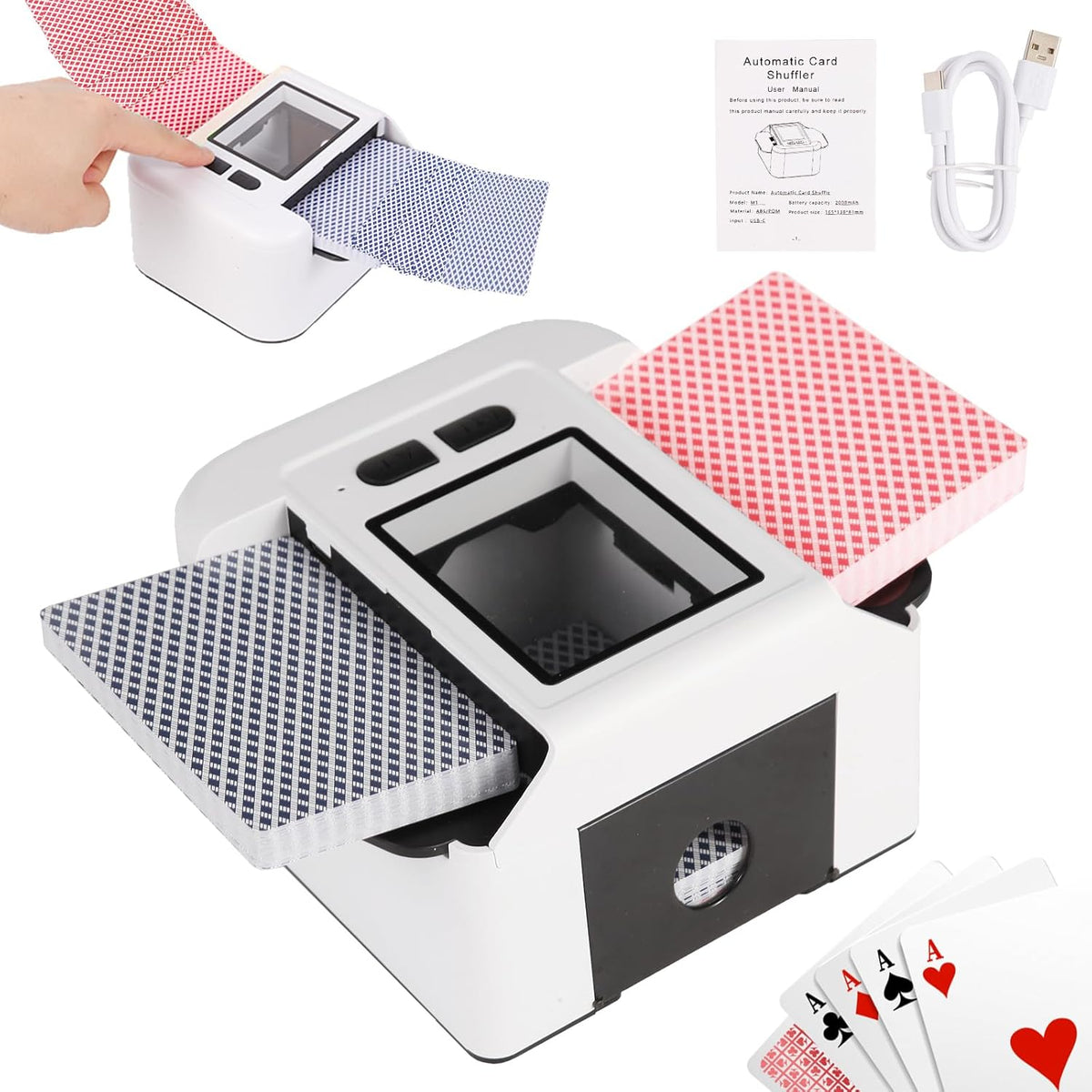 Automatic Card shuffler 1-2 Deck, 2000 mAH USB-C Rechargeable Electronic Card shuffler, Quiet Card shuffler for UNO Poker Blackjack Canasta Skip-Bo Phase 10, One-Press AUTO and Manual