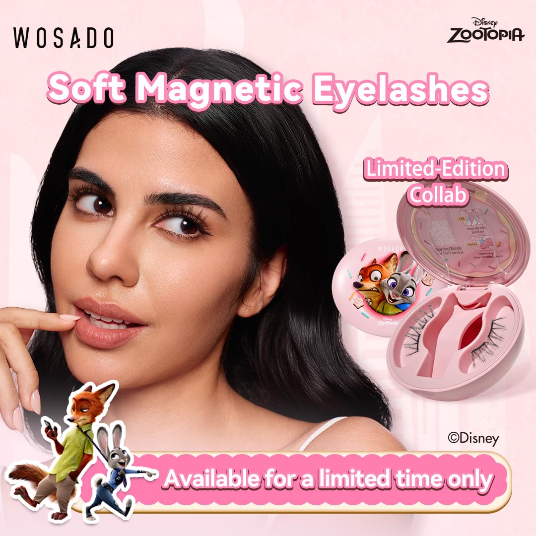 WOSADO×Disney Soft Magnetic Eyelashes Kit with Applicator, No.18 Velvet Black Reusable Glue-free Wispy Magnetic Lashes, Cruelty-free False Lashes, Waterproof, Lightweight, Suit for Heavy Makeup