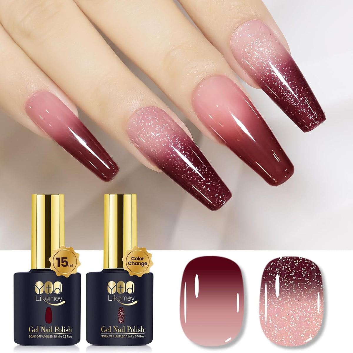 YTD Likomey Gel Nail Polish 2 Pcs Set,15ml Color Changing Nude Pink Burgundy Red and Glitter Nails Gel Kit,Thermal Ombre Change Colors Translucent Salon Manicure Fall Winter UV Color Varnish,0.5 Fl Oz