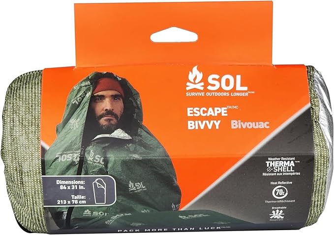 SOL Escape Bivvy with Hood - Emergency Preparedness Blanket - Reflects Up to 70% Body Heat - Outdoor Survival Bivvy - Water Resistant - Durable & Breathable - Winter Camping Supplies - Green