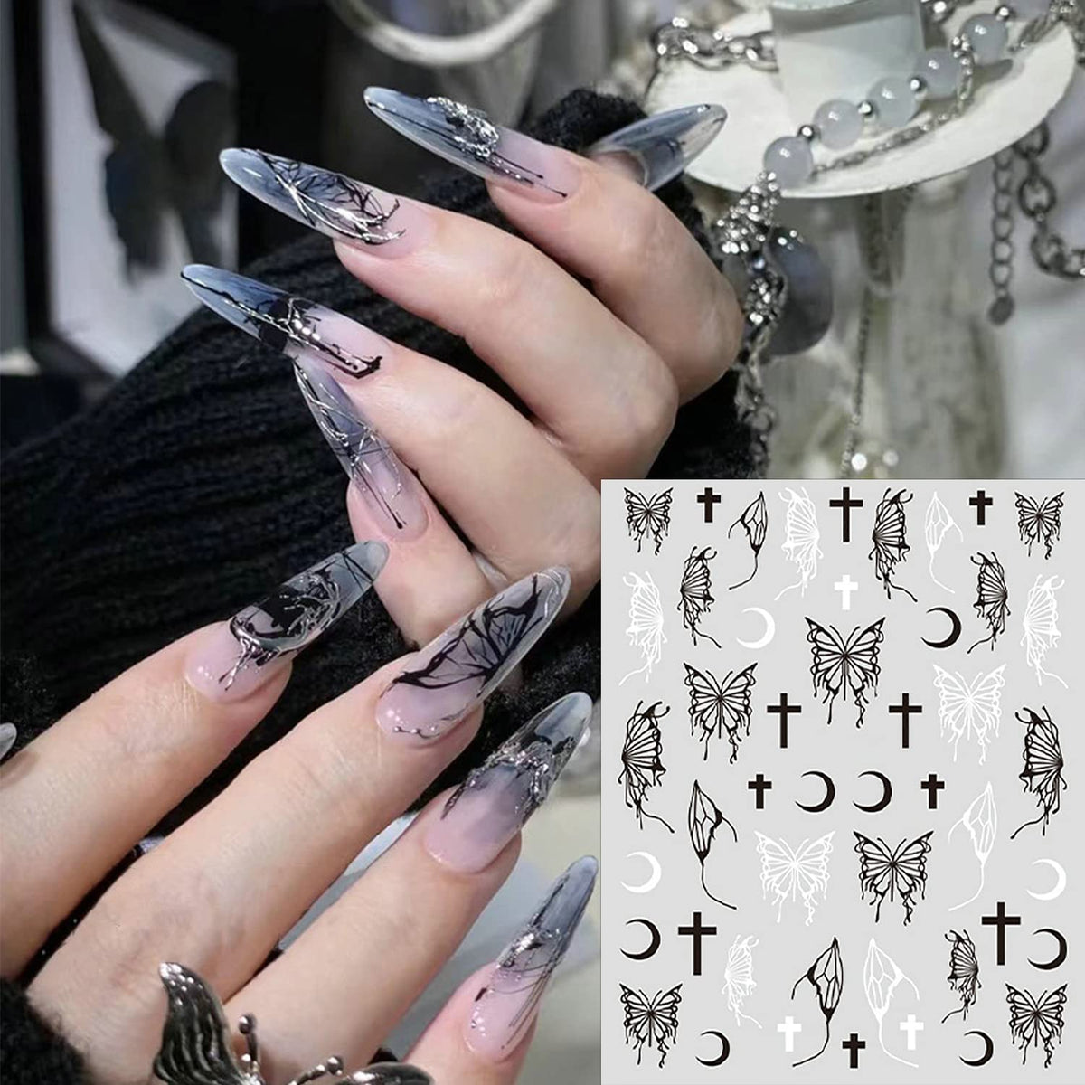 SILPECWEE 6 Sheets Butterfly Nail Stickers - 3D Nail Art Decals, Metallic Silver Aurora Retro Designs, Self-Adhesive Manicure Stickers