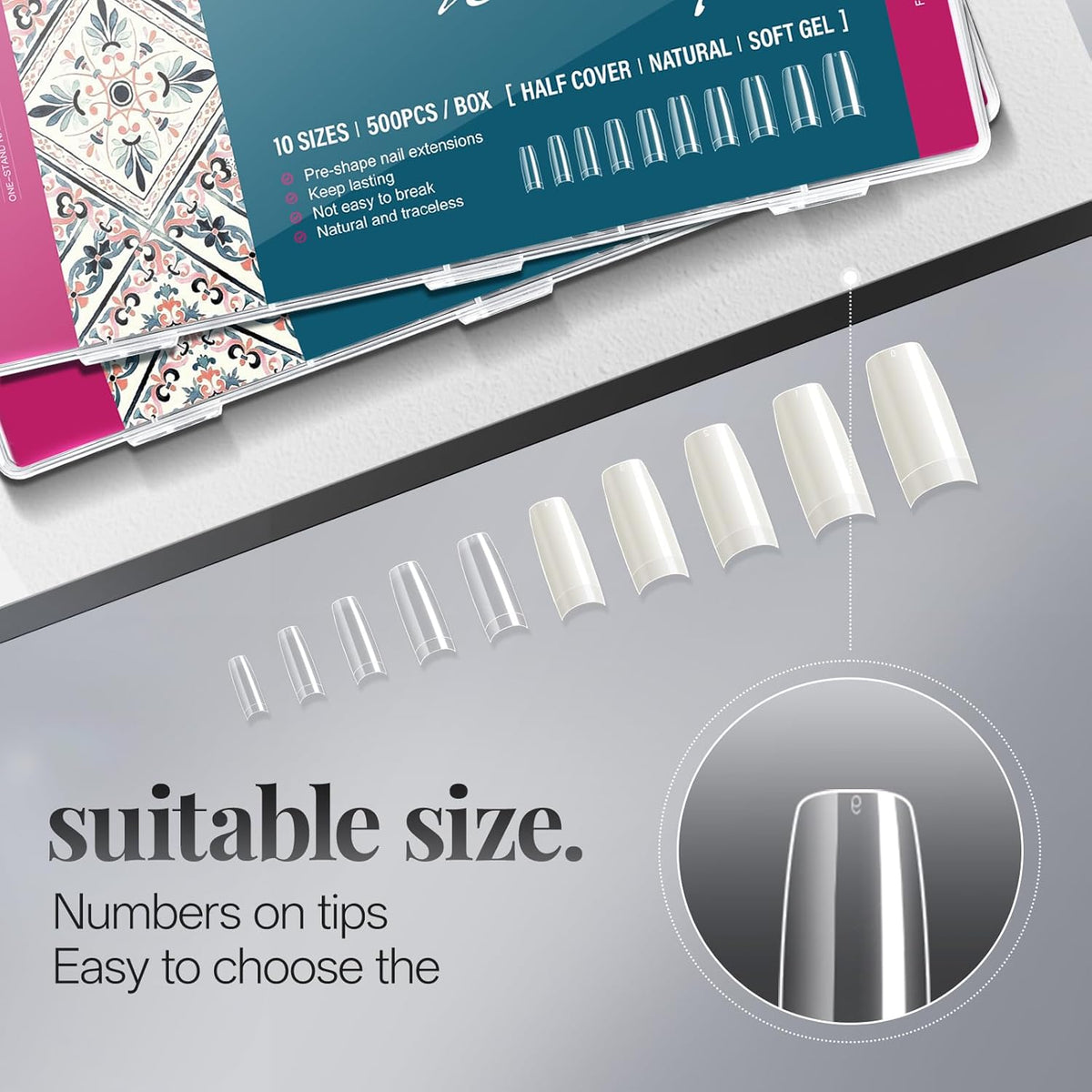 krofaue Nail Tips Lady French Style Acrylic Artificial Half Cover False Nail Tips with Box Ideal for Salons and Home DIY Manicure,10 Sizes,1000PCS (Natural and Clear)