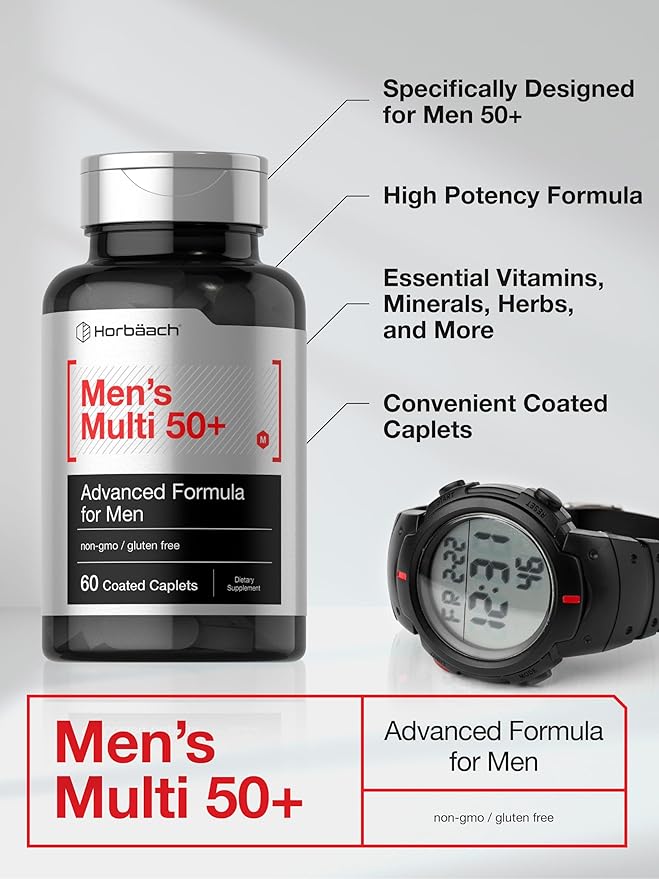 Horbäach Mens Multivitamins 50 Plus | 60 Caplets | with Calcium, Magnesium, Vitamin A, B, C, D & E | 50+ Advanced Formula | Non-GMO & Gluten Free Supplement