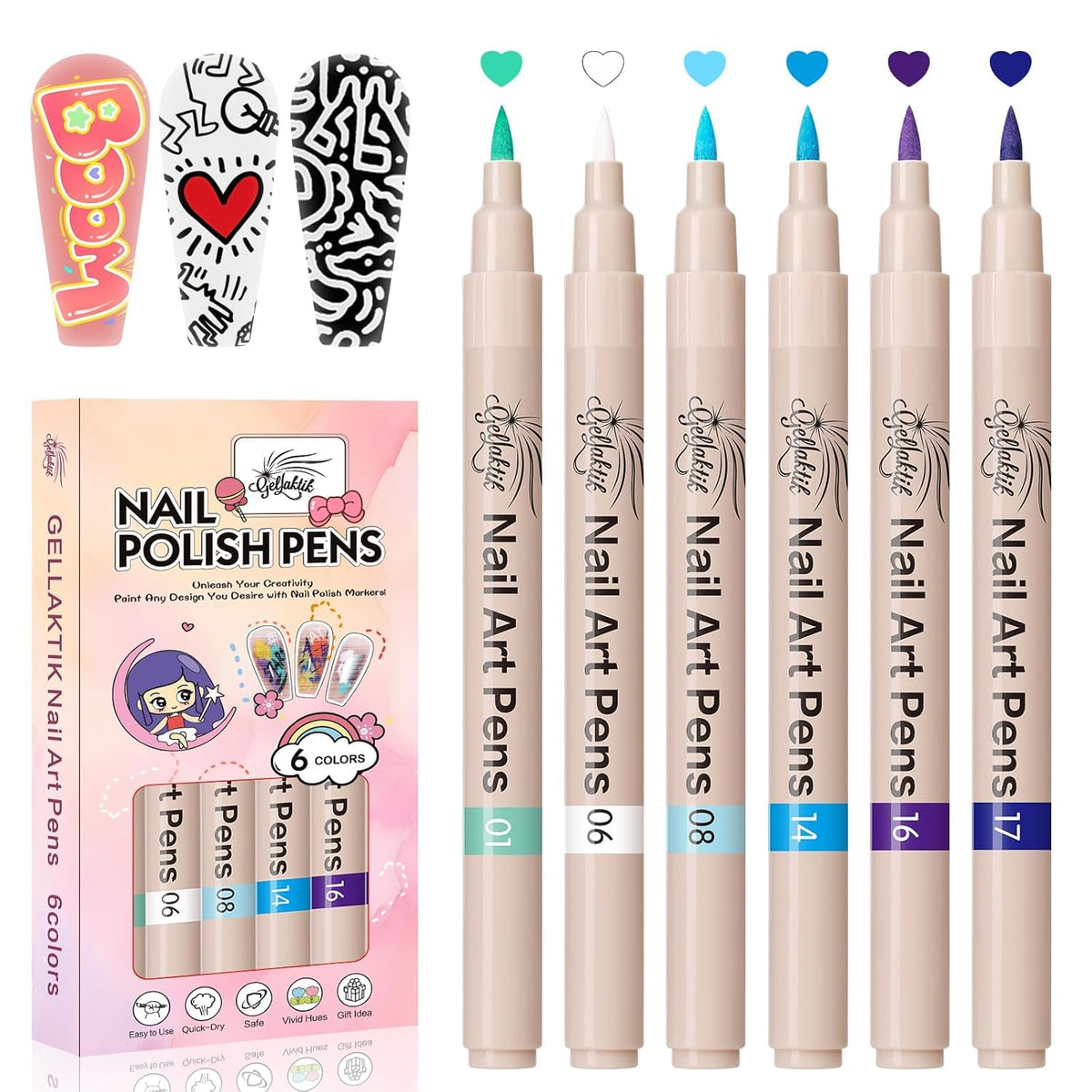 6 Colors Nail Art Pens Set, 3D Nail Polish Pens Quick-Drying Acrylic Paint Markers, Dotting Liner Brush for DIY Nail Design, Home & Salon Manicure Tools