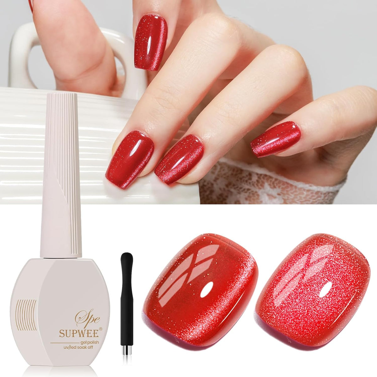 Red Cat Eye Gel Nail Polish, 15ML Magnetic Crystal Holographic Cateye Gel Polish Glitter Shimmer Reflective Nail Polish with Magnet Soak Off Salon DIY at Home