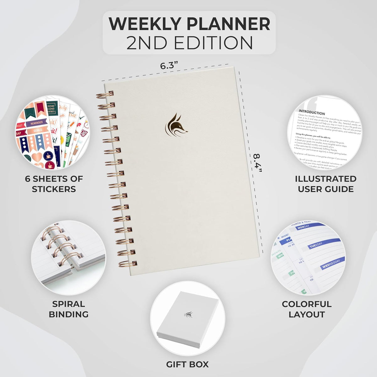Clever Fox Planner 2nd Edition Spiral – Colorful Weekly & Monthly Goal Planner, Time Management & Productivity Organizer, Undated (White)