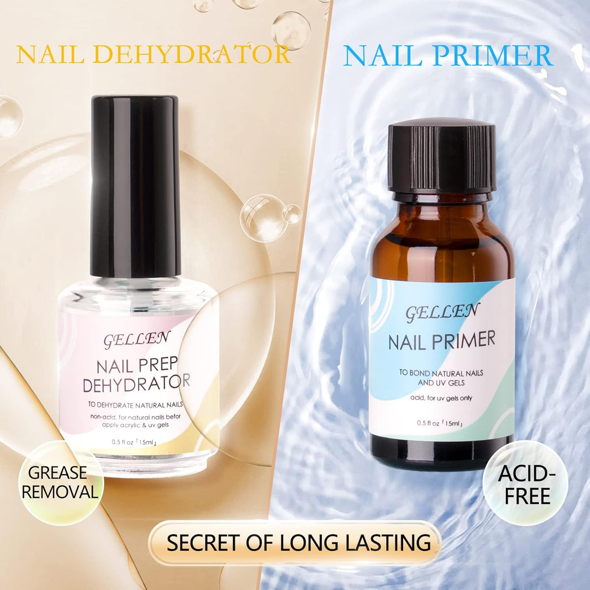 Gellen Nail Dehydrator and Nail Primer, Long-Lasting Air Dry (Acid Free) for Acrylic Powder and Gel Nail Polish, Superior Protein Bonding, 15ML / 0.5 oz Each