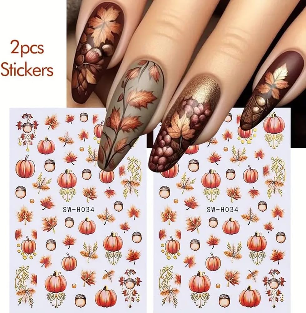 2 Sheets Fall Nail Stickers Autumn Maple Leaf Nail Art Stickers 3D Self Adhesive Maple Leaves Nails Decals for Nails Art Thanksgiving Day Nail Decoration Pumpkin Cute Manicure Supplies for Women