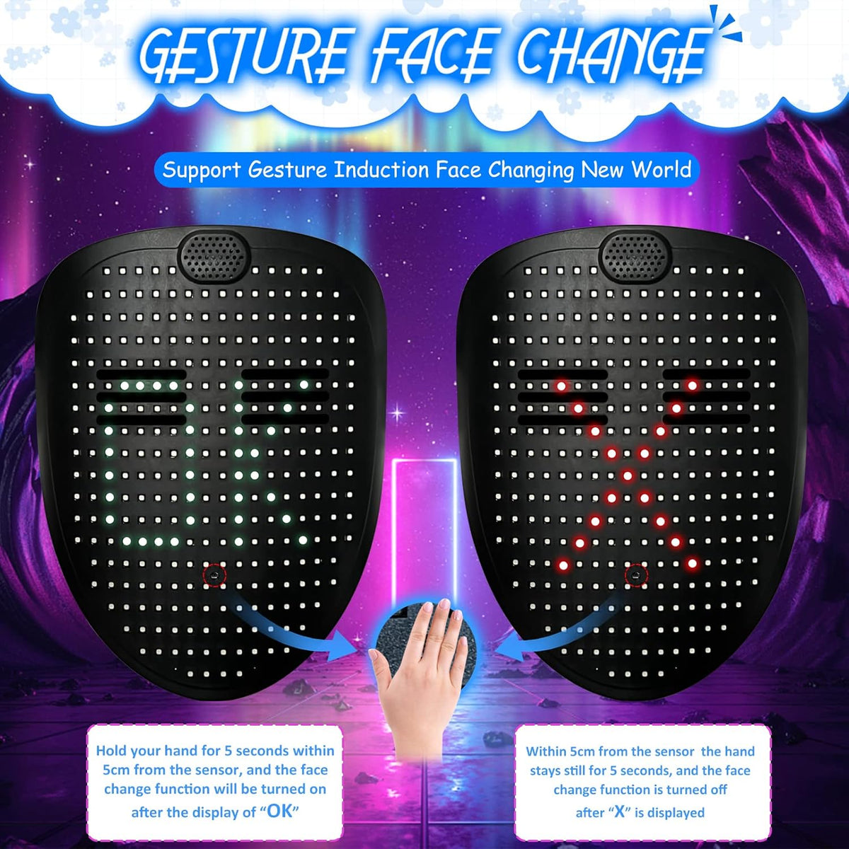 Depointer Life Led Mask with Gesture Sensing,Unisex LED Lighted Face Transforming Mask for Costume Cosplay Party Masquerade