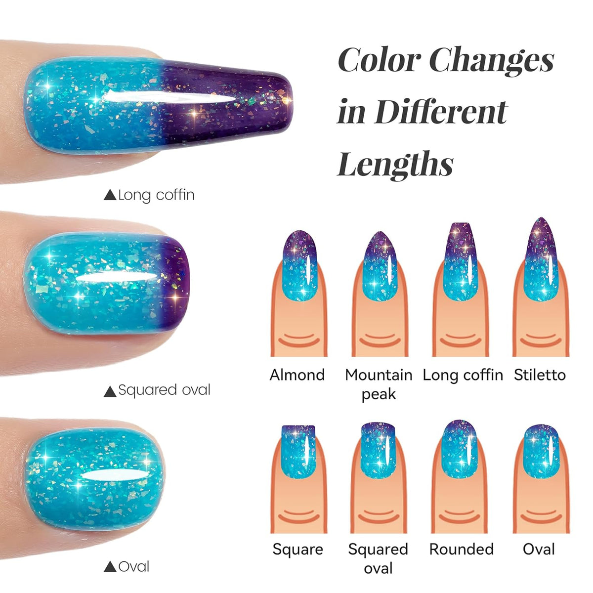 YTD Likomey Color Changing Gel Nail Polish,15ml Turquoise Blue to Deep Purple Brocade Glitter Mood Temperature Change Colors Fall Winter Thermal Ombre Sparkle UV Varnish,HEMA Free TPO Free,WB505