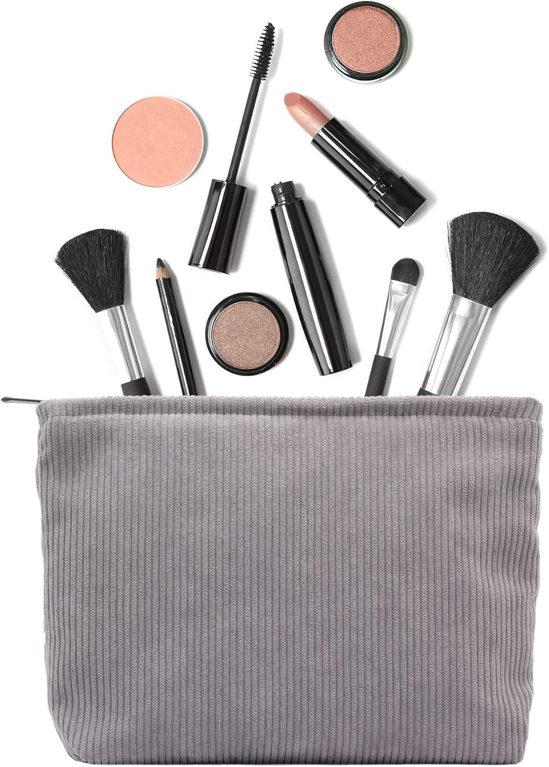 PAZIMIIK Makeup Bag Large Zipper Corduroy Make Up Pouch for Purse Travel Canvas Cosmetic Organizer for Women Brush Storage,Grey