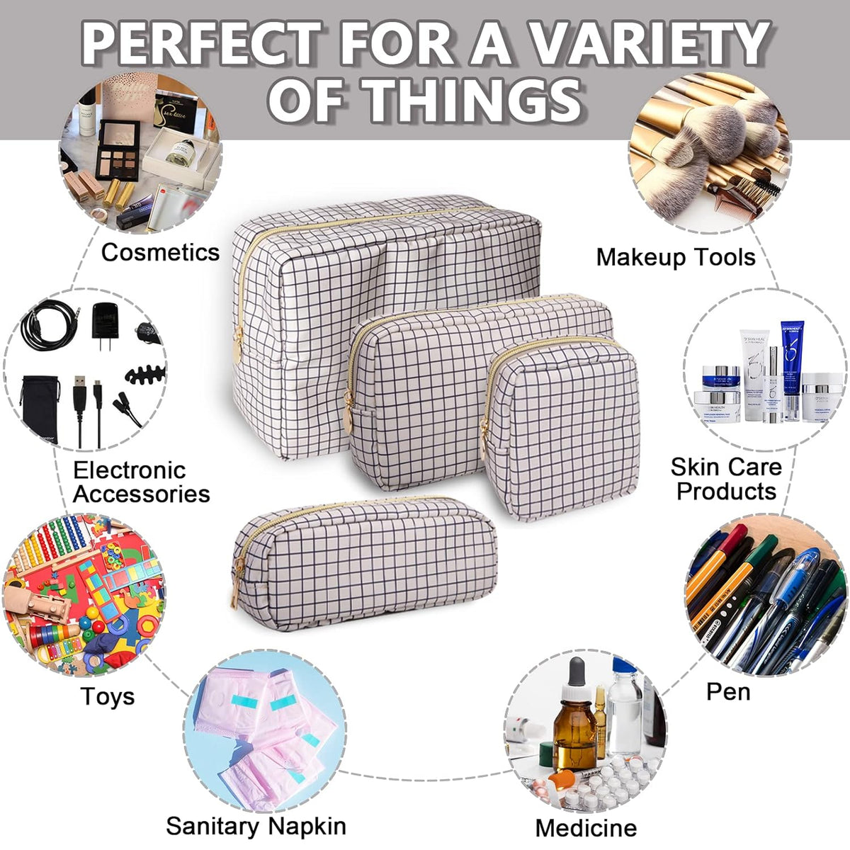 Small Pencil Case Makeup Bag for Purse, Cute Pencil Pouch Nylon Preppy Checkered Makeup Brush Bag with Zipper, Girls Portable Stationery Storage Case Small Pen Bag for Office School(Slim-Checkered)