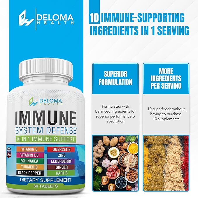10 in 1 Immune System Support Supplement - Vitamin C (1000 mg), Quercetin, Vitamin D3 (5000iu), Zinc (40 mg), Elderberry, Echinacea, Turmeric, Ginger, Garlic, Black Pepper