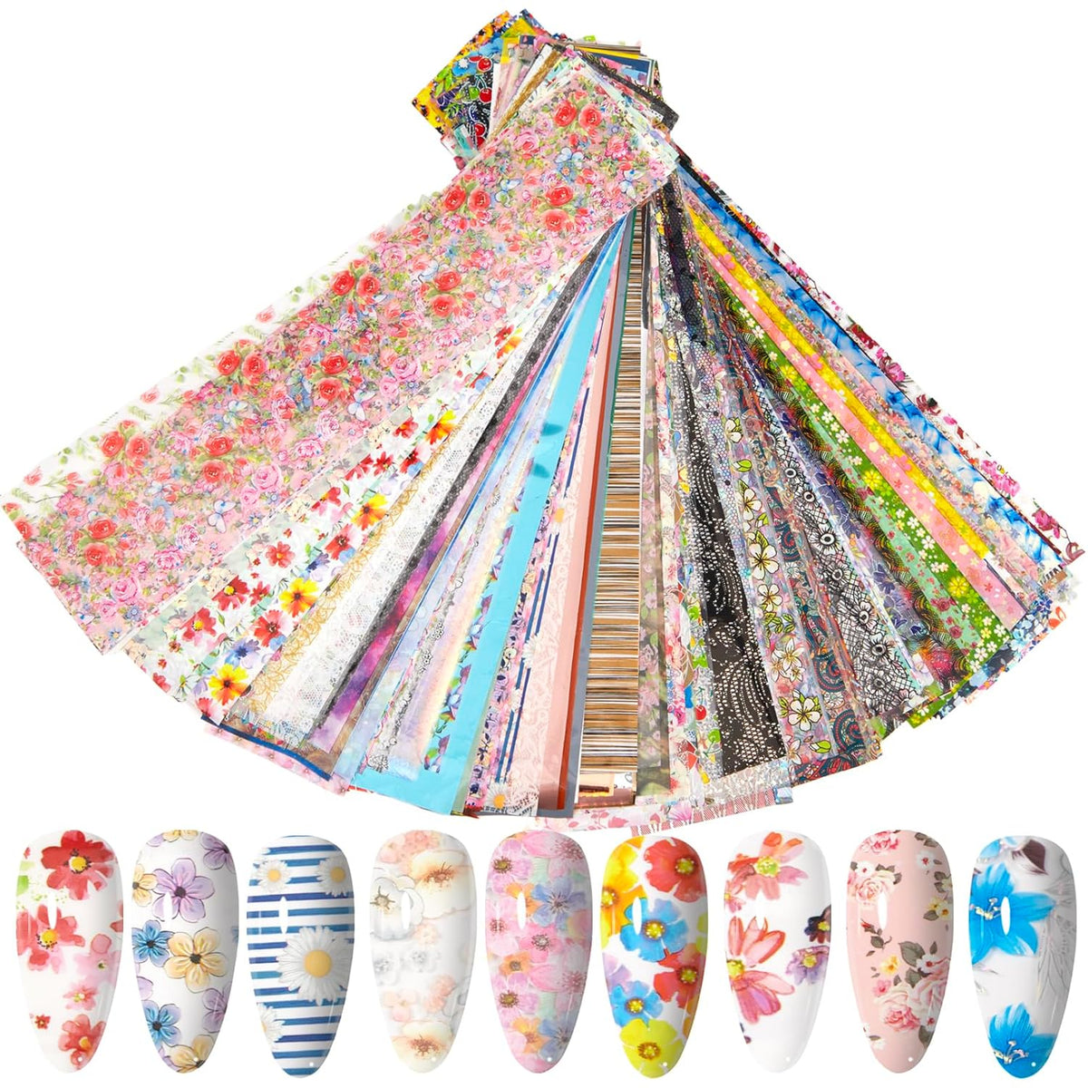 WOKOTO 300 Sheets Nail Foils Transfer Nail Art Holographic Flower Rose Solid Nail Art Foil Sheets, 1 Set for All Various Designs Nail Transfer Foil for Women Girls Nails