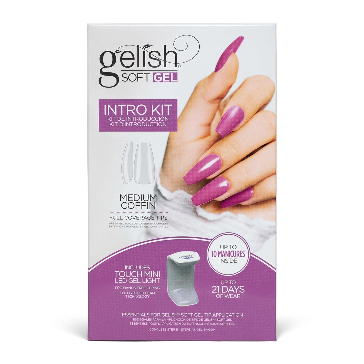 Gelish Soft Gel™ Intro Starter Kit – Full Coverage Press On Tips, LED Nail Lamp, Long-Lasting, Fast Application, No Chip, At-Home Gel Nails, Easy to Use (Medium Coffin Kit)
