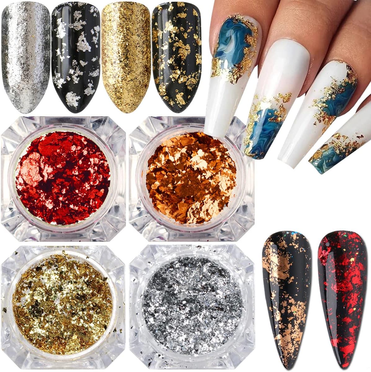 Holographic Glitter Nail Foil Flakes 3D Sparkly Aluminum Foil Sequins Nail Art Supplies Rose Gold Red Silver Glitter Foils Flake Mirror Powder Nail Designs for Acrylic Nail Art Decoration (4Boxes)