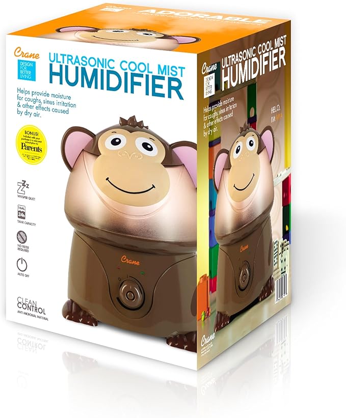 Crane Adorables Ultrasonic Humidifiers for Bedroom and Baby Nursery, 1 Gallon Cool Mist Air Humidifier for Large Room or Kid's Room, Humidifier Filters Optional, Monkey