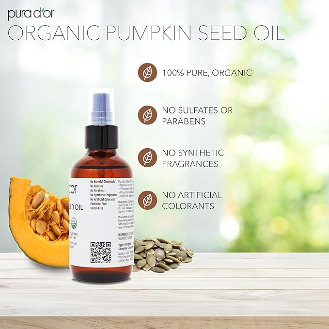 PURA D'OR 4 Oz Organic Pumpkin Seed Oil - 100% Pure USDA Certified Premium Grade Body Oil & Hair Growth Serum - After Shower Body Oil For Women & Men - Cold Pressed, Unrefined, Hexane-Free Skin Oil