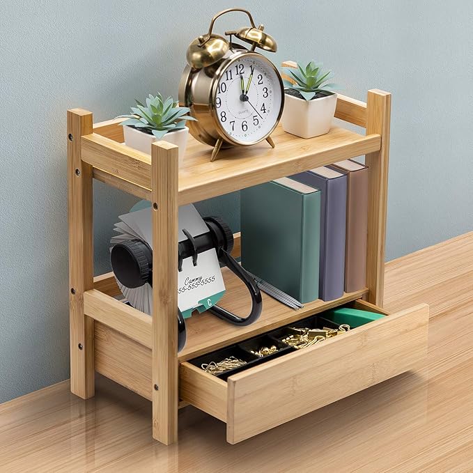 Sorbus Bamboo Bathroom Counter Organizer – 2-Tier Shelf with Hidden Drawer for Vanity, Matcha Station, Bathroom Sink Organizer Countertop, Kitchen & Office Storage (13″ L x 6.5″ W x 12.6″ H)