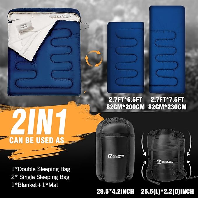 Double Sleeping Bag with Pillow for Adults - Queen Size Two Person Sleeping Bag - 3 Season Cold Weather Camping Sleeping Bag