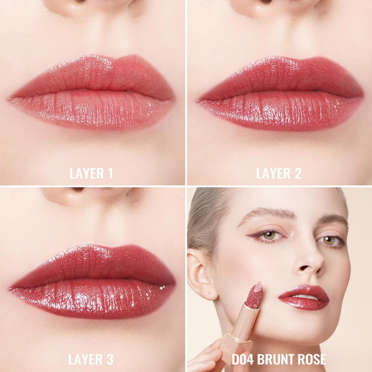 Oulac Shimmer Lipstick for Women, Infinity High Shine Finish, Hydrating Lip Color Infused with Damask Rose Oil for All-Day Comfort, Gluten-Free Vegan Beauty, D04 Brunt Rose