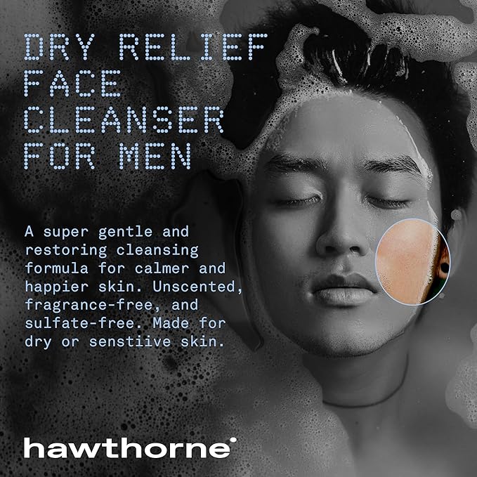 Hawthorne Men's Ultra Moisturizing Dry Relief Face Wash Cleanser For Dry Sensitive Skin. Soothing Vitamin E, Aloe Vera. Fragrance-Free. Natural Ingredients, Vegan, Sulfate Free. 2-Pack, 4 Fl. Oz. Each
