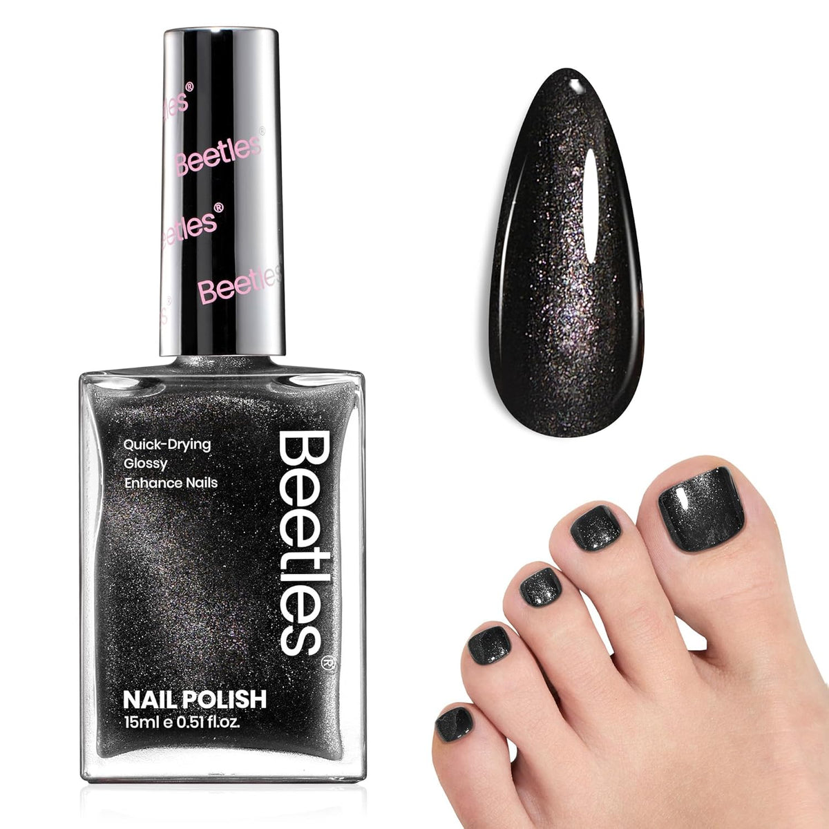 Beetles Black Glitter Nail Polish-1Pcs 15ml Fast Drying Nail Polish Shimmer Black Winter Nail Polish Nail Lacquer Glossy Finish Nail Art Design for Women,Up to 8 Days of Wear, 0.51 FL OZ
