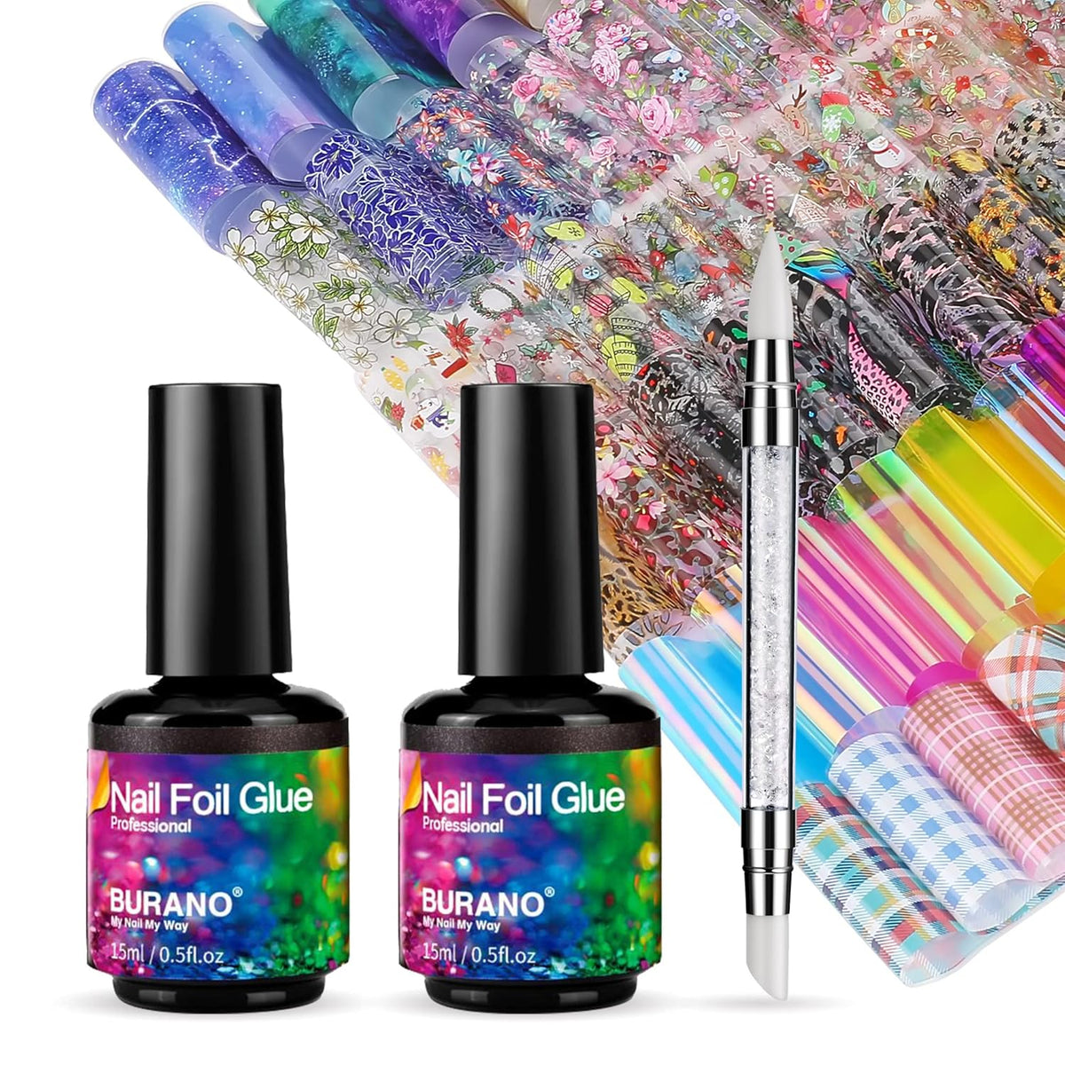 BURANO Nail Art Foil Glue Gel, 15ML 2 Bottles with 70PCS Foil Stickers Set Nail Foil Glue for Nails, Designer Nail Foils Nail Art Foil Transfer Gel