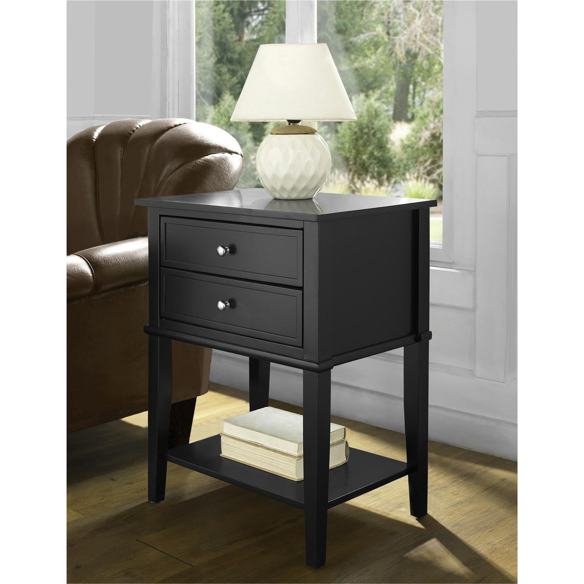 Ameriwood Home Franklin Accent Table with 2 Drawers, Black Finish, Engineered Wood Construction