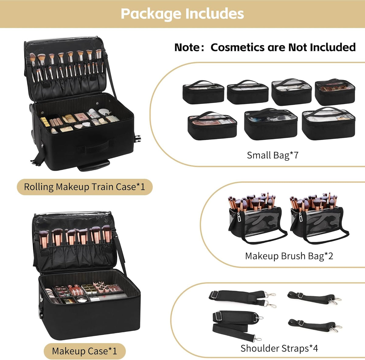 Rolling Makeup Bag Professional Makeup Artist Bags 4 in 1 Rolling Cosmetics Case Organizer Extra Large Trolley Travel Case with 360° Swivel Wheels and Adjustable Dividers