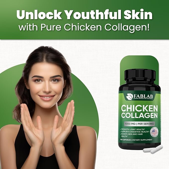 FabLab Chicken Collagen Type II Supplement - Nutritional Supplement for Joint, Nerve & Bone Support - Non-GMO, Anti-Aging Dietary Product with Hydrolyzed Peptides- 100 Capsules