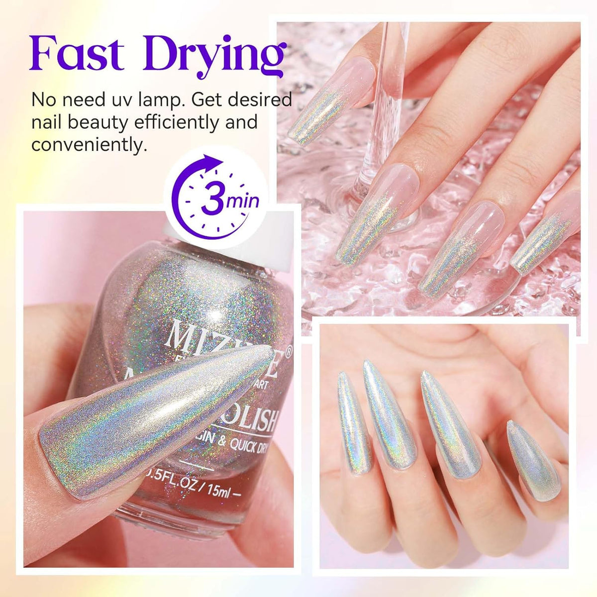 MIZHSE Holographic Nail Polish, Silver Glitter Nail Polish Air Dry Fast, 15 ml 0.5 fl oz High Glossy Shiny Nail Pigment Oil-based Laser Iridescent Nail Lacquer Chrome Halo Nail Art Salon Manicure Home