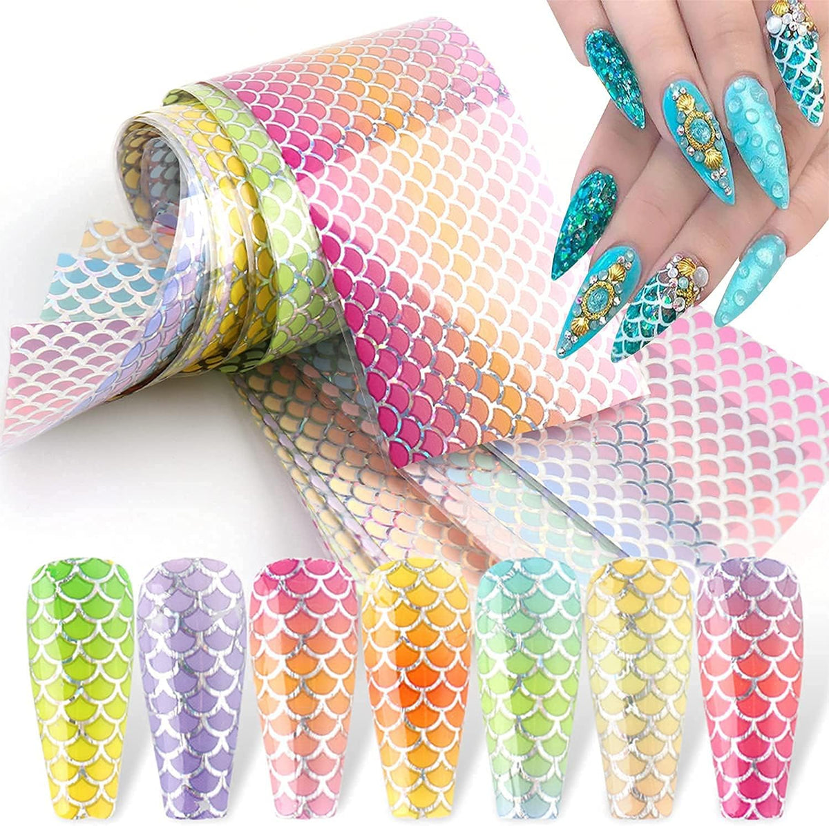 Mermaid Nail Transfers Foil Stickers, Holographic Iridescent Laser Mermaid Nail Art Stickers Decals Fish Scales Pattern Decoration for Women Girls Acrylic Nail Decor Supplies(10 Sheets)