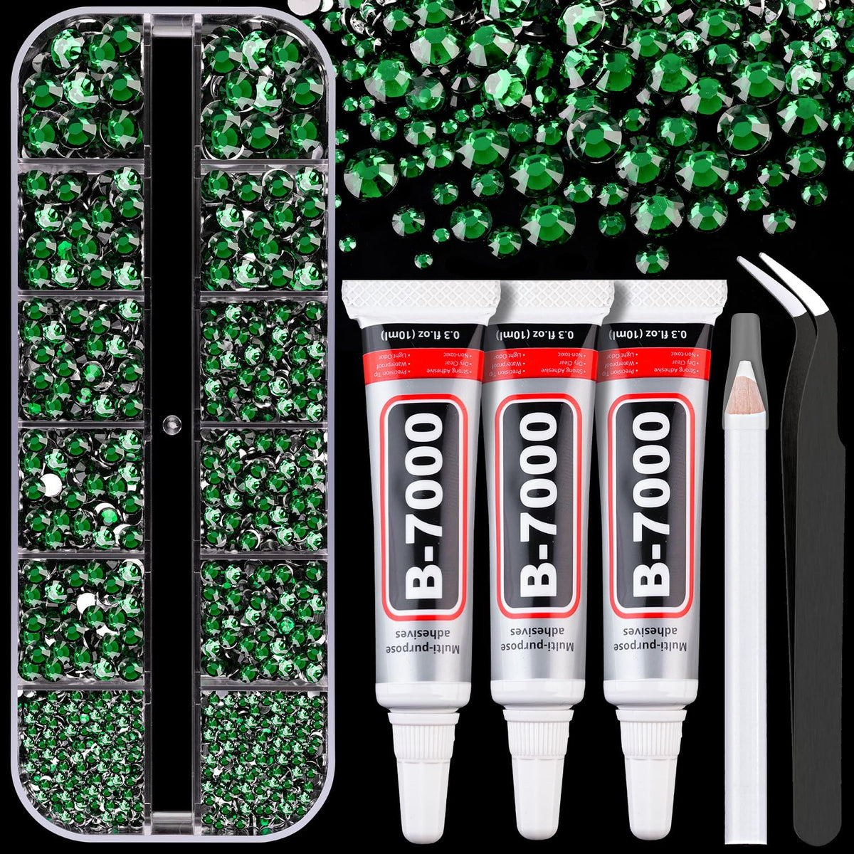 Resin Rhinestones for Crafting with B7000 Jewelry Glue, 1 Box Dark Green Flatback Crystals with 3Pcs 10ml Glue for Bedazzling Crafts DIY Nail Art Makeup，Non Hotfix Gems for Clothing Shoes