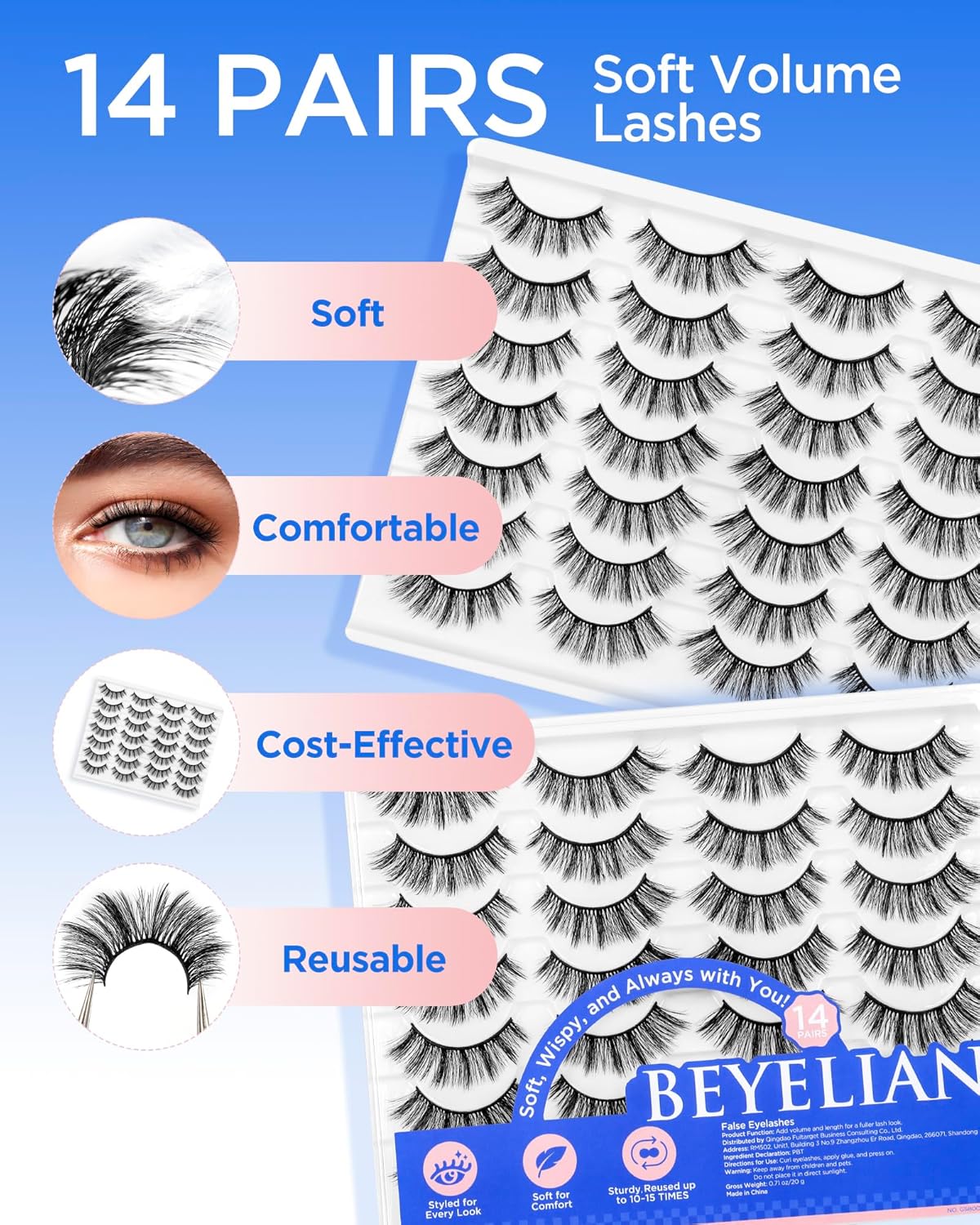 BEYELIAN False Eyelashes 14 Pairs Eye Lashes 10-15mm Strip Lash pack Soft 3D Volume Faux Mink Lashes That Look Like Extensions C200