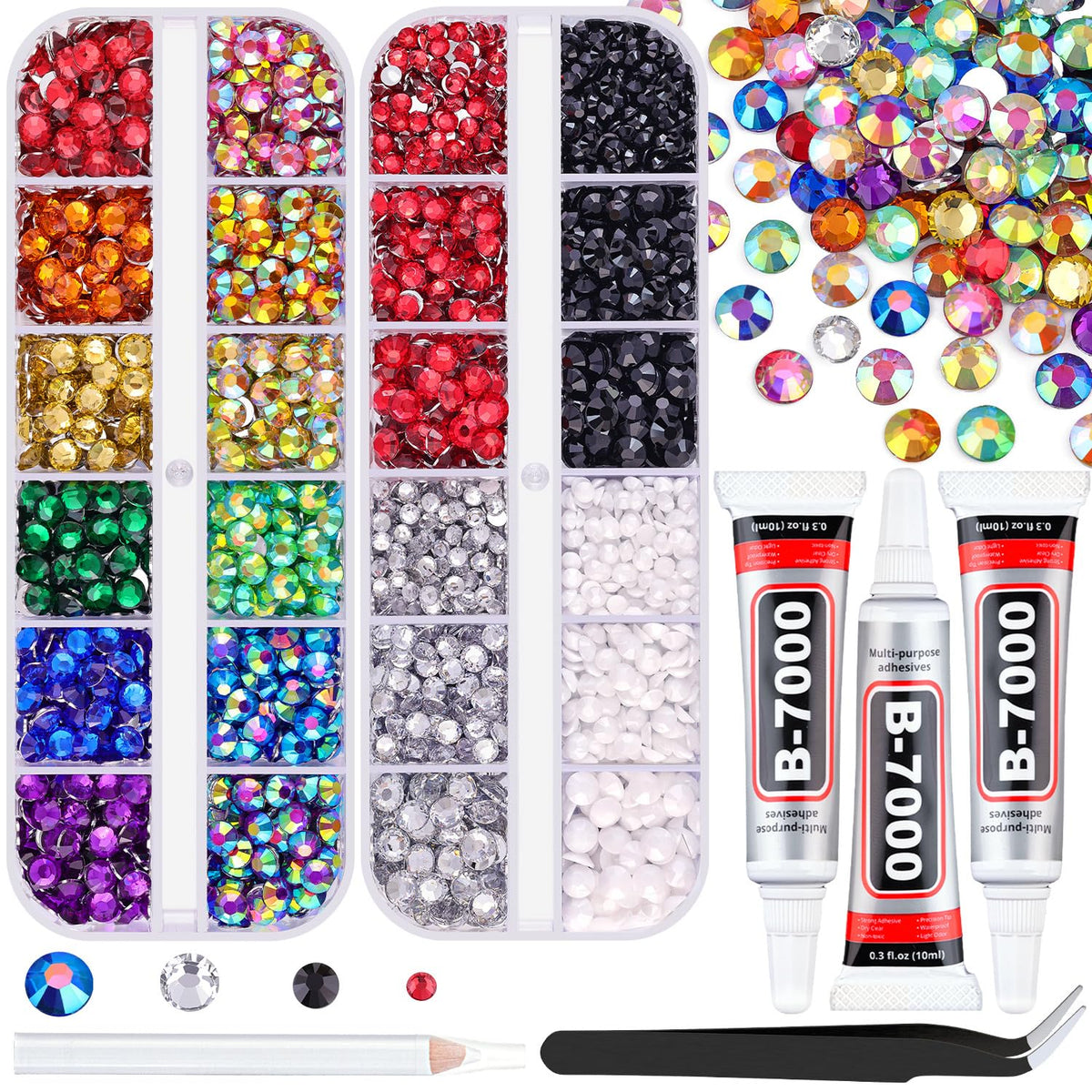5000 PCS Flatback Rhinestones for Crafting and 3PCS B7000 Glue (Pack 2), 2 Boxes of Rainbow Resin Rhinestones Gems Charms for Bedazzling DIY Crafts Fabric Clothing Tumblers Shoes Nail Art