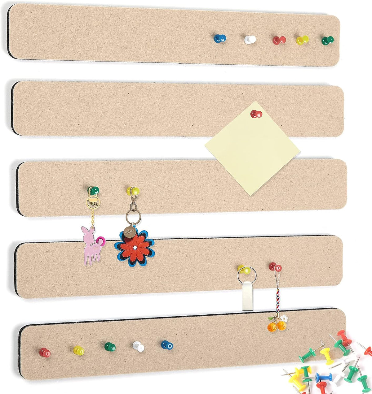 5 Pack Felt Pin Board Bar Strips Bulletin Board for Bedrooms Offices Home Wall Decoration, Notice Board Self Adhesive Cork Board with 35 Push Pins for Paste Notes, Photos, Schedules (Camel)
