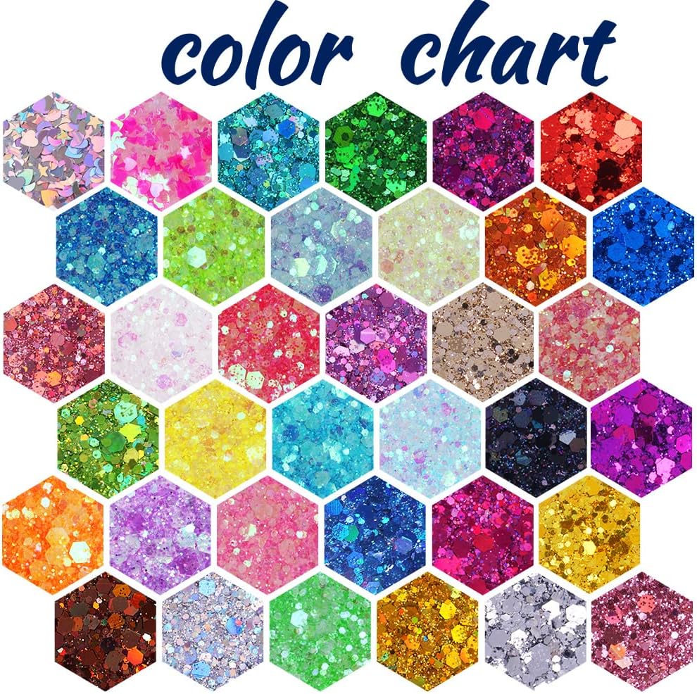 Multicolored Chunky & Fine Glitter Mix, 36 Colors Chunky Sequins & Powder Mix - Iridescent Cosmetic Glitter Flakes for Nail Art, Face, Body, Eyes & Crafts