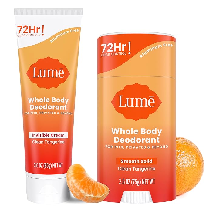 Lume Whole Body Deodorant - Invisible Cream Tube and Solid Stick - 72 Hour Odor Control - Aluminum Free, Baking Soda Free, Skin Safe - 3.0 Ounce Tube and 2.6 Ounce Solid Stick Bundle (Clean Tangerine)