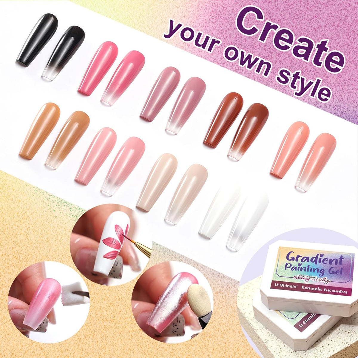 Gradient Painting Gel, 9 Colors Ombre Gel Nail Polish Nude Pink Almond Black&White for Pigment Pat Nails Nude Pink Almond Aura Nails, French Manicure DIY Nail Art Nude Rose Chroma
