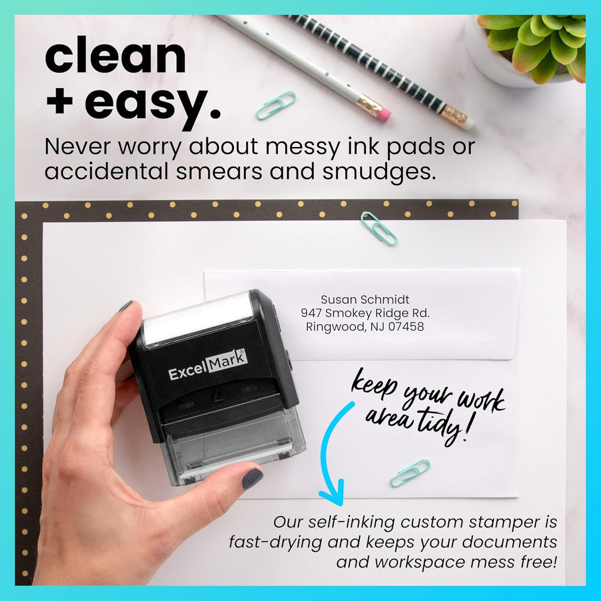 ExcelMark Custom Stamp – Clear & Crisp Impressions – Personalized Self-Inking Rubber Stamp – Use for Address Stamp and More (Large)