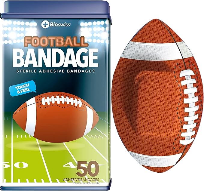 BioSwiss Bandages, Football Shaped Self Adhesive Bandage, Latex Free Sterile Wound Care, Fun First Aid Kit Supplies for Kids, 50 Count